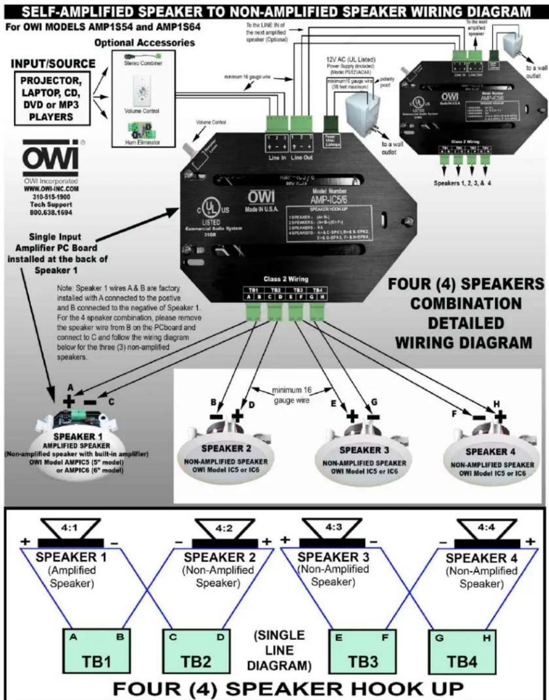 OWI AMP1S64 - FOUR SPEAKER COMBINATION WIRING DIAGRAM - 1