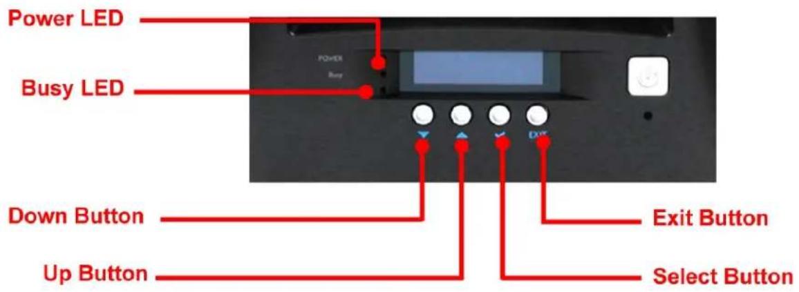 Power LED Busy LED Down Button Up Button Exit Button Select Button