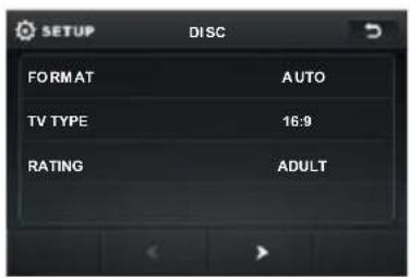 SETUP DISC FORMAT AUTO TV TYPE 16:9 RATING ADULT