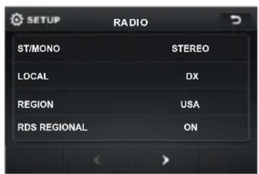 SETUP RADIO ST/MONO STEREO LOCAL DX REGION USA RDS REGIONAL ON