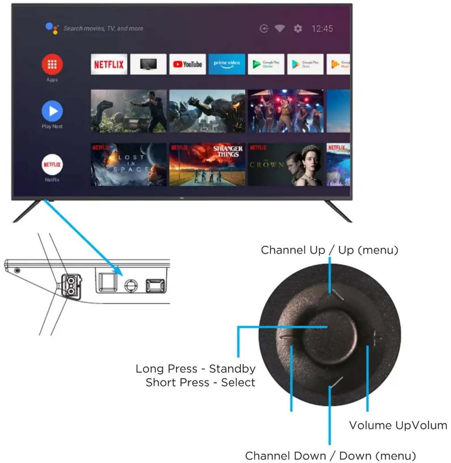 Search movies, TV, and more 12:45 Apps NETFLIX YouTube prime video Google Play Google Play Google Play Play Next NETFLIX LOST IN SPACE STRANGER THINGS CROWN NETFLIX... Channel Up / Up (menu) Long Press - Standby Short Press - Select Volume UpVolum Channel Down / Down (menu)