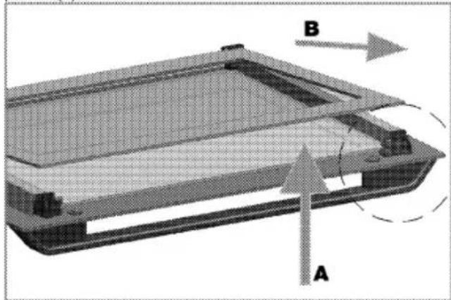 3D diagram of a mechanical component with labeled parts A and B, showing internal structure and motion direction (no text or symbols beyond labels)