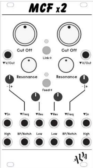MCF x2 Cut Off Link→ Cut Off ▼V/Oct ▼V/Oct Resonance Resonance -+ + Feed→ -+ + ▼In ▼Freq ▼Res ▼Res ▼Freq ▼In High BP/Notch Low Low BP/Notch High ALM
