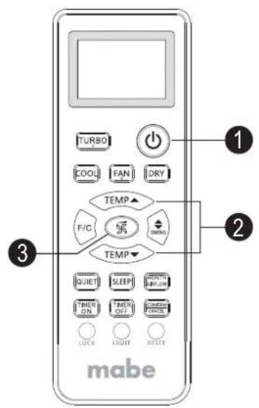 TURBO COOL FAN DRY TEMP F/C TEMP QUIET SLEEP TIMER ON TIMER OFF CHINESE LOCK LIGHT RESET mabe