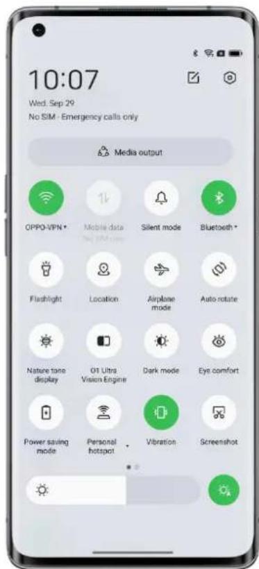 10:07 Wed. Sep 29 No SIM - Emergency calls only Media output OPPO-VPN* Mobile data Silent mode Bluetooth* Flashlight Location Airplane mode Auto rotate Nature tone display O1 Ultra Vision Engine Dark mode Eys comfort Power saving mode Personal hotspot Vibration Screenshot