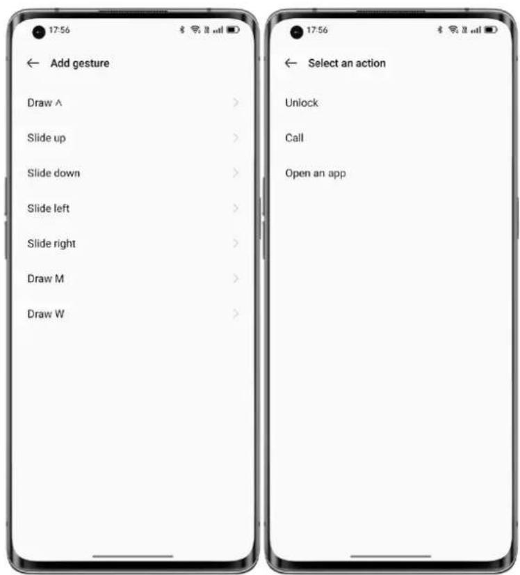 17:56 Add gesture Draw A > Slide up > Slide down > Slide left > Slide right > Draw M > Draw W > Select an action Unlock Call Open an app