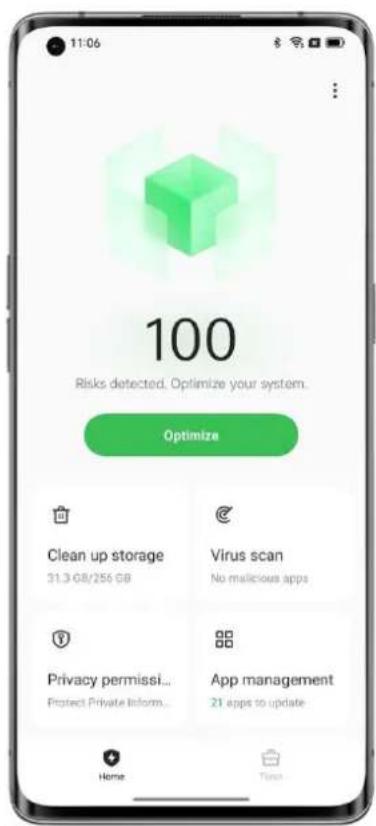 11:06 100 Risks detected. Optimize your system. Optimize Clean up storage 31.3 GB/256 GB Virus scan No malicious apps Privacy permissi... Protect Private Inform... App management 21 apps to update Home Time