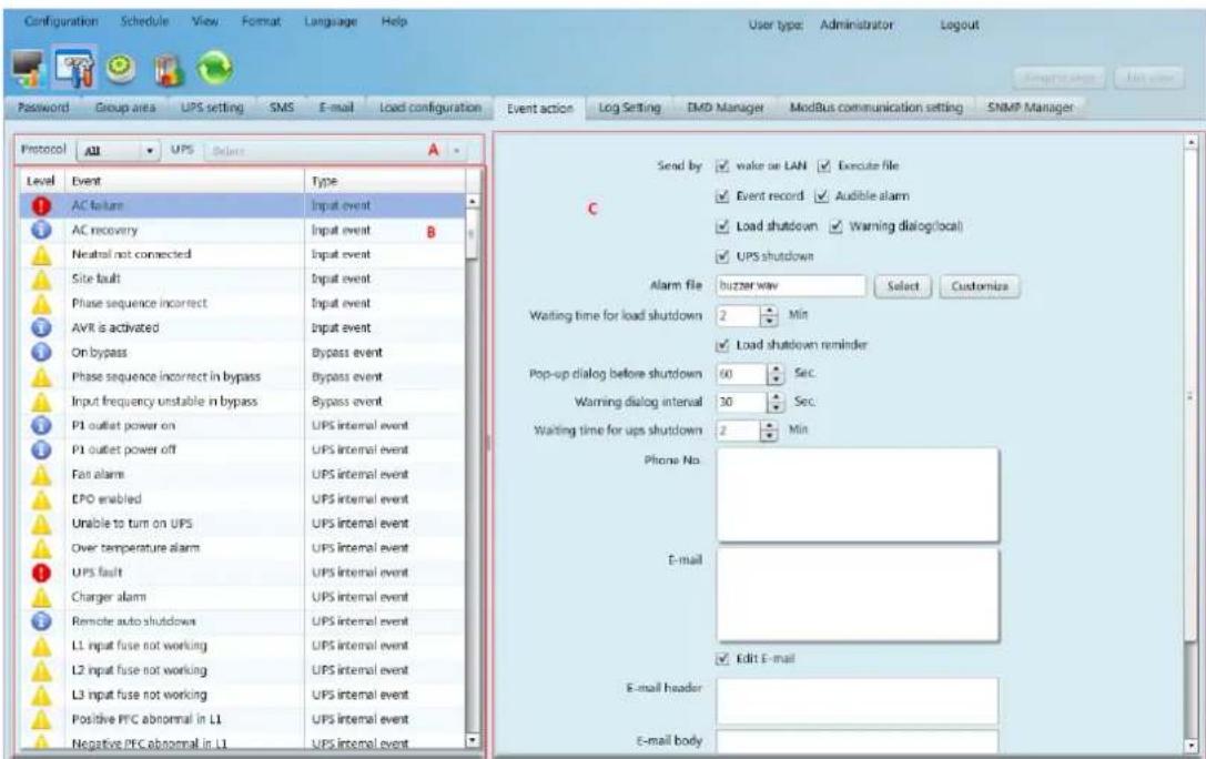 Configuration Schedule View Format Language Help User type: Administrator Logout Password Group area UPS setting SMS E-mail Load configuration Event action Log Setting EMD Manager ModBus communication setting SNMP Manager Protocol All UPS Select Level Event Type AC failure Input event AC recovery Input event Neutral not connected Input event Site fault Input event Phase sequence incorrect Input event AVR is activated Input event On bypass Bypass event Phase sequence incorrect in bypass Bypass event Input frequency unstable in bypass Bypass event P1 outlet power on UPS internal event P1 outlet power off UPS internal event Fan alarm UPS internal event EPO enabled UPS internal event Unable to turn on UPS UPS internal event Over temperature alarm UPS internal event UPS fault UPS internal event Charger alarm UPS internal event Remote auto shutdowns UPS internal event L1 input fuse not working UPS internal event L2 input fuse not working UPS internal event L3 input fuse not working Positive PFC abnormal in L1 UPS internal event Negative PFC abnormal in L1 UPS internal event Send by: wake or LAN Execute file Event record Audible alarm Load shutdown Warning dialog(local) UPS shutdown Alarm file: buzzer way Select Customize Waiting time for load shutdown 2 Min Load shutdown reminder Pop-up dialog before shutdown 60 Sec. Warning dialog interval 30 Sec. Waiting time for ups shutdown 2 Min Phone No. E-mail: Edit E-mail E-mail header: E-mail body