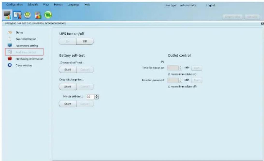 Configuration Schedule View Format Language Help User type: Administrator Logout UPS(192.168.107.230.SNMPPO1_0000000000000) Status Basic information Parameters setting Real-time control Purchasing information Close window UPS turn on/off On Off Battery self-test 10-second self-test : Start Cancel Deep discharge test : Start Cancel Minute self-test : 0.2 Start Cancel Outlet control P1 Time for power-on Min Start (0 means immediate on) Time for power-off Min Start (0 means immediate off)