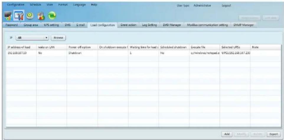 Configuration Schedule View Format Language Help User type Administrator Logout Password Group area UPS setting SMS E-mail Load configuration Great action Log Setting EMD Manager Modbus communication setting SNMP Manager All Browse JP address of load wake on LAN Power-off option On shutdown execute 1 Waiting time for load: Scheduled shutdown Execute File Selected UPSs Note 192.168.107.10 No Shutdown 1 No cc/windows/notepad.e UPS1192.168.107.230 Add Modify Delete Export