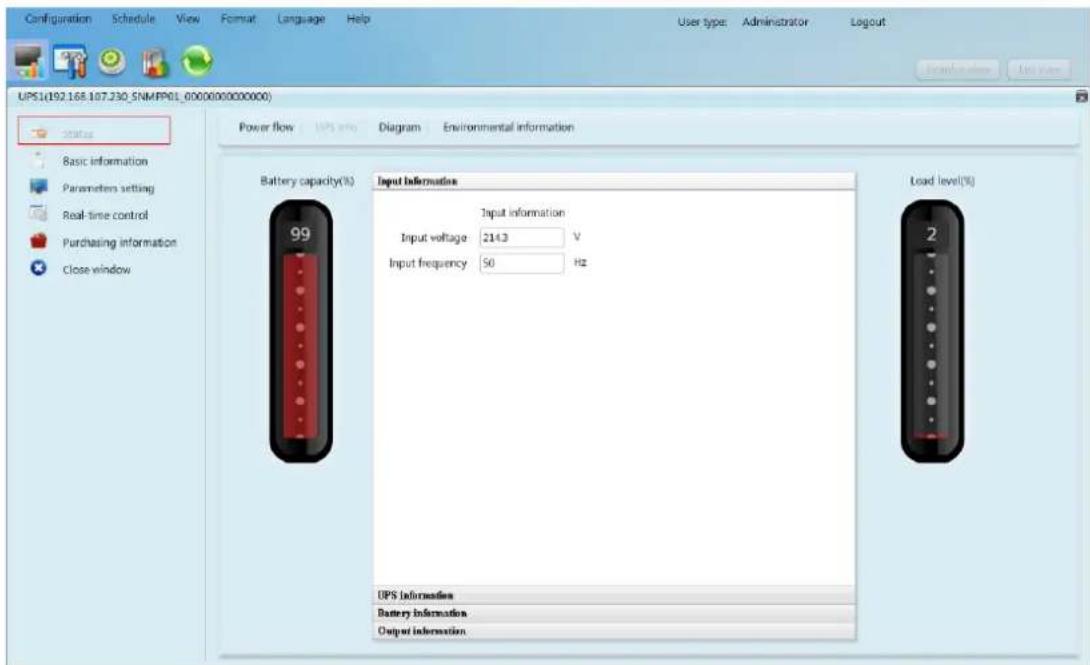UPS1(192.168.107.230_SNMPF01_000000000000) Power flow UPS info Diagram Environmental information Battery capacity(%) Input Information Input information Input voltage 214.3 V Input frequency 50 Hz UPS Information Battery Information Output Information Load level(%) Basic information Parameters setting Real-time control Purchasing information Close window