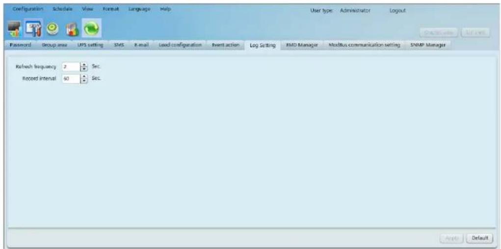 Configuration Schedule View Format Language Help User type Administrator Logout Password Group area UPS setting SMS E-mail Load configuration Event action Log Setting FMD Manager ModBus communication setting SNMP Manager Refresh frequency 2 Sec. Record interval 60 Sec. Apply Default