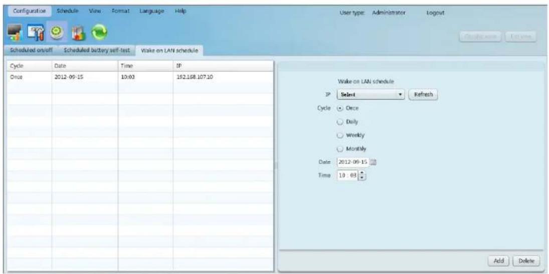 Configuration Schedule View Format Language Help User type: Administrator Logout Scheduled on/off Scheduled battery self-test Wake on LAN schedule Cycle Date Time IP Once 2012-09-15 10:03 192.168.107.10 Wake on LAN schedule IP Select Refresh Cycle Once Daily Weekly Monthly Date 2012-09-15 Time 10:03 Add Delete