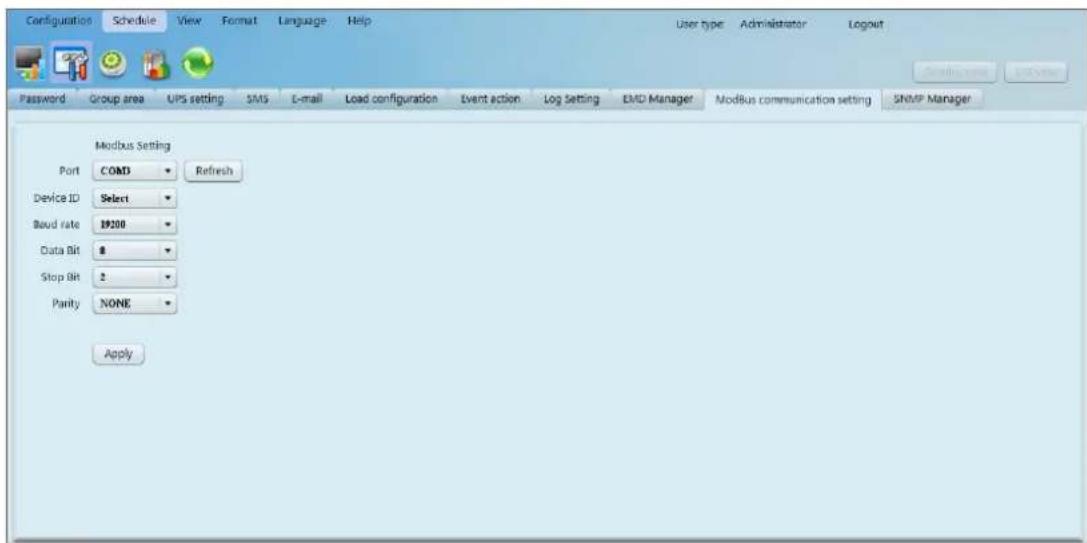 Configuration Schedule View Format Language Help User type Administrator Logout Password Group area UPS setting SMS E-mail Load configuration Event action Log Setting EMD Manager ModBus communication setting SNMP Manager Modbus Setting Port COM3 Refresh Device ID Select Baud rate 19200 Data Bit 8 Stop Bit 2 Parity NONE Apply