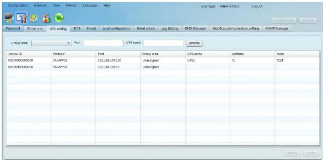 Configuration Schedule View Format Language Help User type: Administrator Logout Password Group area UPS setting SMS E-mail Load configuration Event action Log Setting EMD Manager ModBus communication setting SNMP Manager Group area Port UPS name Browse Device ID Protocol Port Group area UPS name Address Note 0000000000000 SNMP01 192.168.107.230 Unassigned UPS1 F1 TEST 0000000000000 SNMP01 192.168.103.56 Unassigned Modify Delete