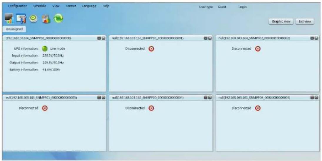 Configuration Schedule View Format Language Help User type: Guest Login Unassigned (1921.68.103.166_SNMPPO1_0000000000000) UPS information: Line mode Input information: 238.3V/50.0Hz Output information: 229.8V/50.0Hz Battery Information: 41.0V/100% null(192.168.103.165_SNMPPO1_0000000000001) Disconnected null(192.168.103.164_SNMPPO2_0000000000002) Disconnected null(192.168.103.163_SNMPPO1_000000000003) Disconnected null(192.168.103.162_SNMPPO0_000000000004) Disconnected null(192.168.103.161_SNMPPO3_000000000005)
