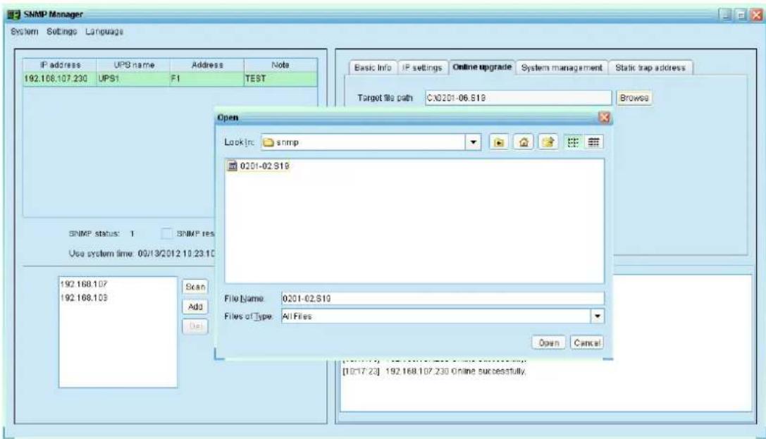 SNMP Manager System Settings Language IP address UPB name Address Note 192.168.107.230 UPS1 F1 TEST Target file path C:\0201-06.S19 Browse Open Lock Inc: snmp 0201-02.S19 SNMP status: 1 SNMP res Use system time: 00/13/2012 10:23:10 192.168.107 192.168.105 Scan Add Del File Name: 0201-02.S19 Files of Type: All Files Open Cancel [10/17/23] 192.168.107.230 Online successfully.