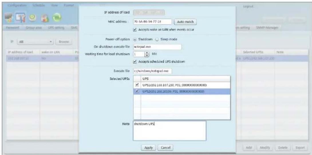 Configuration Schedule View Format Password Group area UPS setting SMS IP address of Iced MAC address : 70-3A-B6-54-77-1E Auto match Accepts wake on LAN when events occur Power-off option Shutdown Sleep mode On shutdown execute file notepad.exe Waiting time for load shutdown 1 Min Accepts scheduled UPS shutdown Execute file c:/windows/notepad.exe Selected UPSs UPS UPS1/192.168.107.230.P01_00000000000000x UPS2/192.168.103.96.P01_0000000000000x Note shutdown UPS Apply Cancel Layout on setting SNMP Manager Selected UPSs Note Add Modify Delete Export