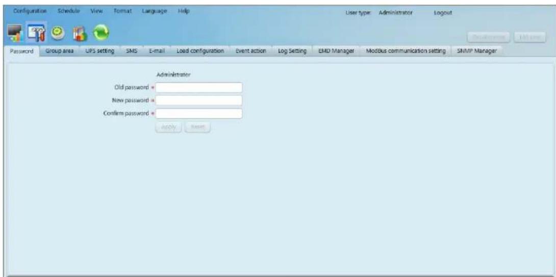 Configuration Schedule View Format Language Help User type Administrator Logout Password Group area UPS setting SMS E-mail Load configuration Event action Log Setting EMD Manager Modbus communication setting SNMP Manager Administrator Old password * New password * Confirm password * Apply Reset