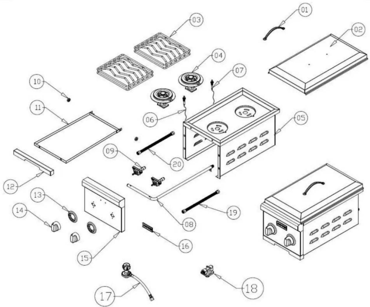 Exploded view diagram of a kitchen appliance with numbered parts for identification