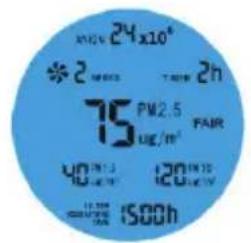 KNOW 24 x10^6 *2 MINES 7h 2h 75 PM2.5 μg/m³ FAIR 40 PM1.3 120 PM10 15:00 h