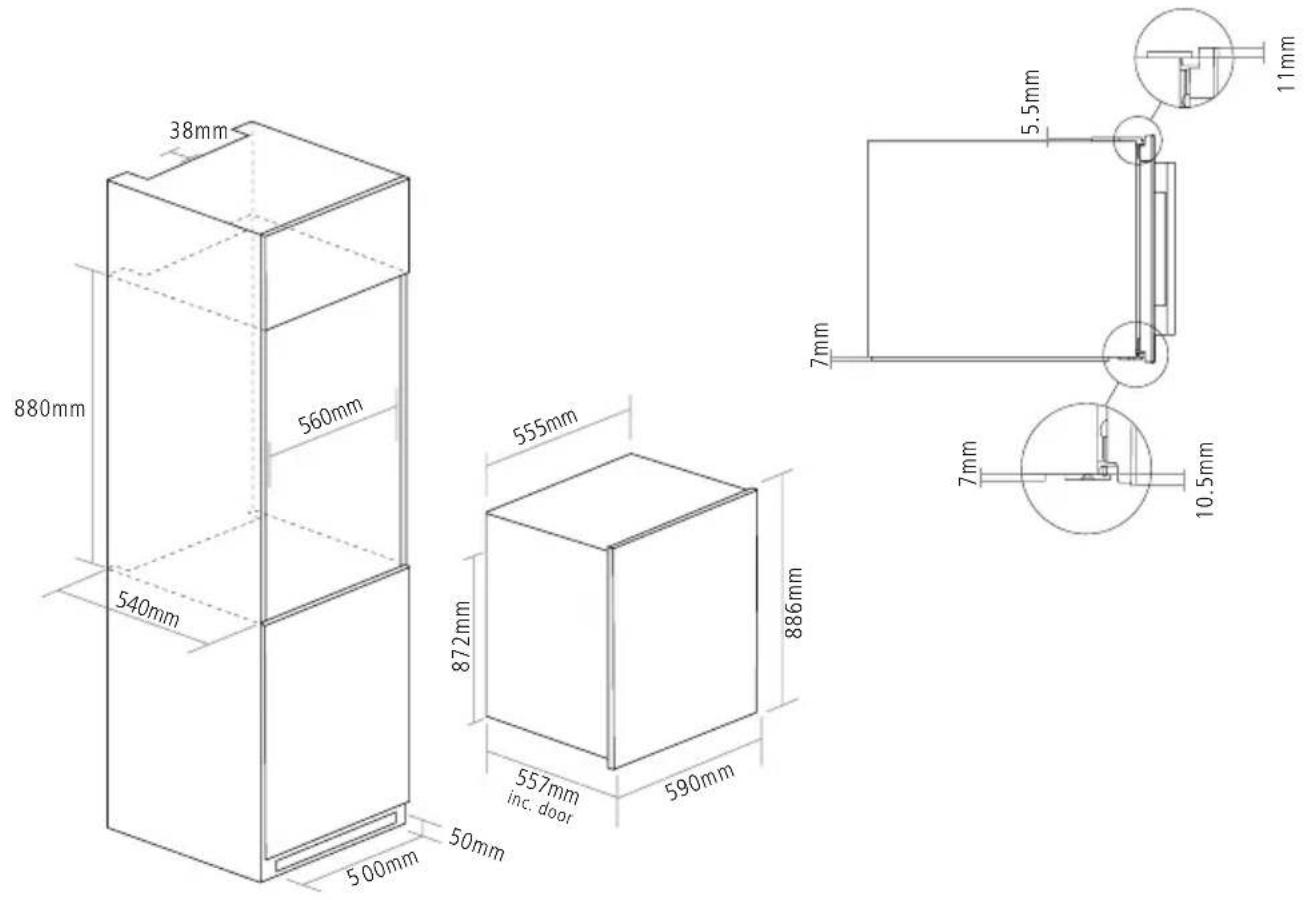 38mm 880mm 560mm 540mm 555mm 872mm 557mm inc. door 590mm 500mm 50mm 886mm 7mm 11mm 5.5mm 7mm 10.5mm