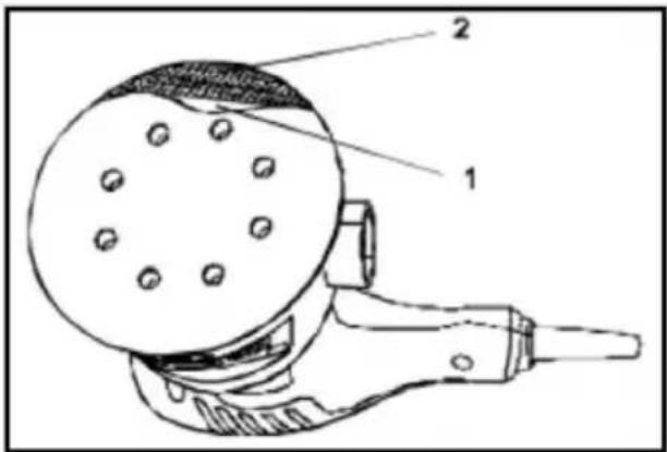Technical diagram of a handheld device with labeled parts 1 and 2, showing internal components and mounting holes.