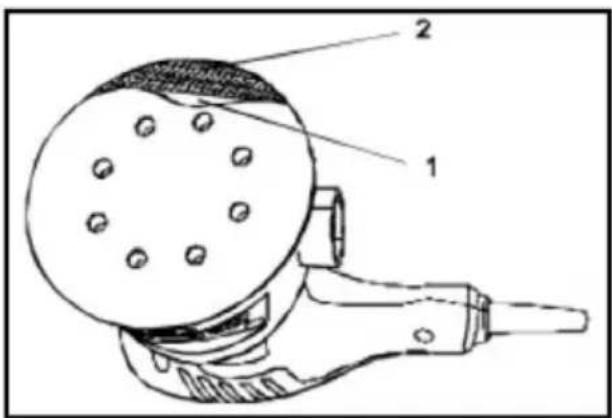 Technical diagram of a handheld device with labeled parts 1 and 2, showing internal components and wiring.