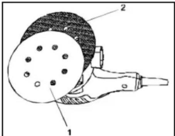 Technical diagram of a mechanical device with labeled parts 1 and 2, showing a circular component with holes and a tool.