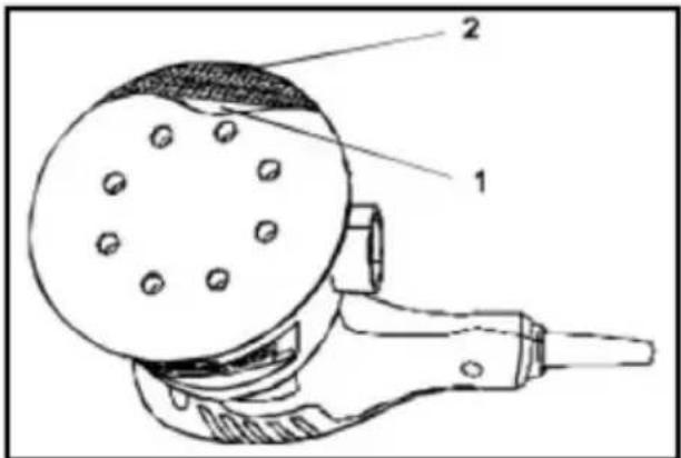 Technical diagram of a handheld device with labeled parts 1 and 2, showing internal components and mounting holes.
