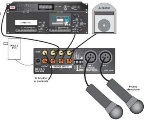 ROLLS RS2 To Amplifier or processor ROLLS Output SOURCE INPUTS RQ 1 RQ 2 RQ 3 AUX -0.01 Paging Machphone