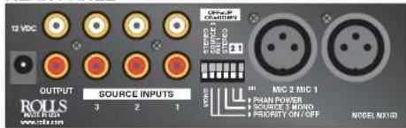 12 VDC OUTPUT SOURCE INPUTS ROLLS www.rolls.com 3 2 1 Micro-IP PUMULINUM MIC 2 MIC 1 MAIN POWER SOURCE 3 MIMO PRODUT ON OFF MODE: NO/09