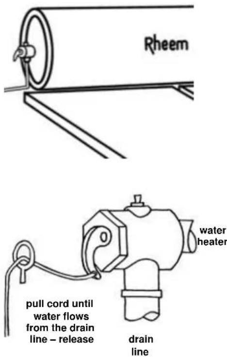 Rheem pull cord until water flows from the drain line – release water heater drain line