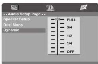 Audio Setup Page -- Speaker Setup Dual Mono Dynamic FULL 3/4 1/2 1/4 OFF