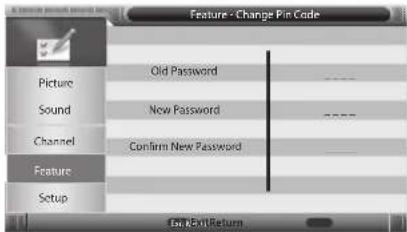 Feature - Change Pin Code Picture Old Password Sound New Password Channel Confirm New Password Feature Setup Ex: Next/Return
