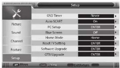 Setup O5D Timer Never Picture Auto SCART On PC Setup ENTER Sound Blue Screen Off Channel Home Mode Home Reset TV Setting ENTER Feature Software Upgrade ENTER OTA Upgrade ENTER Setup Move Open at View Entitlement