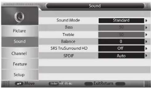 Sound Sound Mode Standard Picture Bass 50 Sound Treble 50 Balance 0 SRS TruSurround HD Off Channel SPDIF Auto Feature Setup Move Enter Fair/Steau ExitReturn
