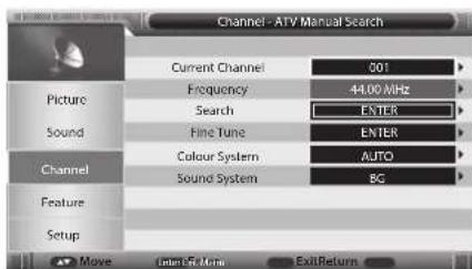 Channel - ATV Manual Search Current Channel 001 Frequency 44.00 MHz Search ENTER Sound Fine Tune ENTER Channel Colour System AUTO Sound System BG Feature Setup Move Enter OK/Min ExitReturn