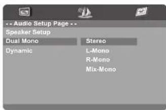 Audio Setup Page -- Speaker Setup Dual Mono Stereo Dynamic L-Mono R-Mono Mix-Mono