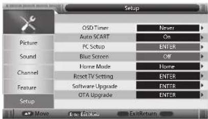 Setup Picture Sound Channel Feature Setup OSD Timer Auto SCART PC Setup Blue Screen Home Mode Reset TV Setting Software Upgrade OTA Upgrade Never On ENTER Off Home ENTER ENTER ENTER ENTER Enter Edition ExitReturn