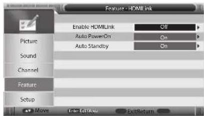 Feature - HDMI Link Enable HDMILink Off Picture Auto Power On On Sound Auto Standby On Channel Feature Setup Move Ctrl Edit Exit Return