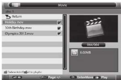 Movie disc 1 Return Holiday.mov 30th Birthday.mov Olympics 2012.mov 084/064 8.00MB Delete Admin/Next to playlist CH: Page +/- Or EnterMove Play