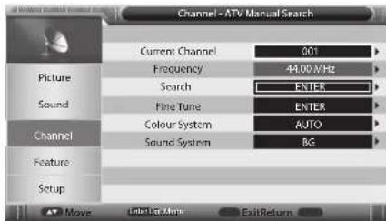 Channel - ATV Manual Search Current Channel 001 Frequency 44.00 MHz Search ENTER Picture Sound Fine Tune ENTER Colour System AUTO Channel Sound System BG Feature Setup Move Label List More Exit Return
