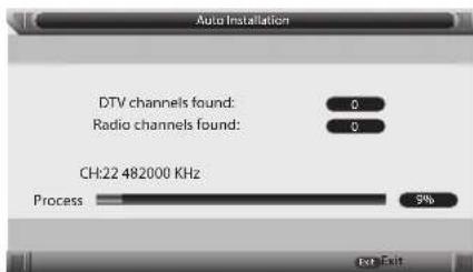 Auto Installation DTV channels found: Radio channels found: CH:22 482000 KHz Process 5% Exit Exit