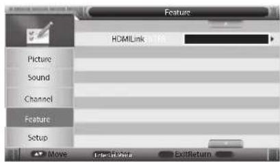 Feature HDMILink Picture Sound Channel Feature Setup Move Check/Exit Exit/Return