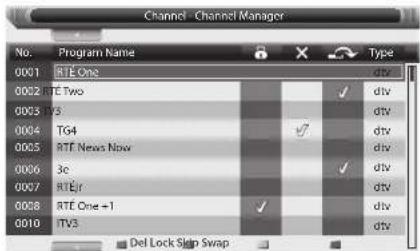 Channel - Channel Manager No. Program Name Type 0001 RTE One 0002 RTE Two 0003 TVS 0004 TG4 0005 RTE News Now 0006 3e 0007 RTEir 0008 RTE One +1 ✓ 0010 ITV3 Del Lock Skip Swap
