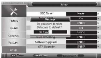 Setup OSD Timer Never Picture Message On Sound Do you want to reset ENTER OK Card Off Channel Reset OK Setting HOME Feature Software Upgrade ENTER OTA Upgrade ENTER Setup Move File Edit... ExitReturn