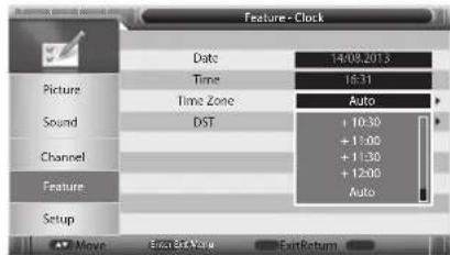 Feature - Clock Date 14/08/2015 Picture Time 16:31 Sound Time Zone Auto DST + 10:30 + 11:00 + 11:30 + 12:00 Auto Channel Feature Setup Move Size Get Your ExitReturn