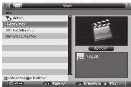 Movie disc: 1 Return Holiday.mov 30th Birthday.mov Olympics 2012.mov Delete Auto/Goal to playlist 084/084 6.00MB C:\++ Page +/- OK EnterMove Play