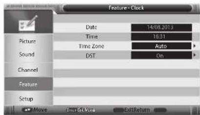 Feature - Clock Date 14/08/2013 Time 16:31 Time Zone Auto Sound DST On Channel Feature Setup Move Email Ask Menu ExitReturn